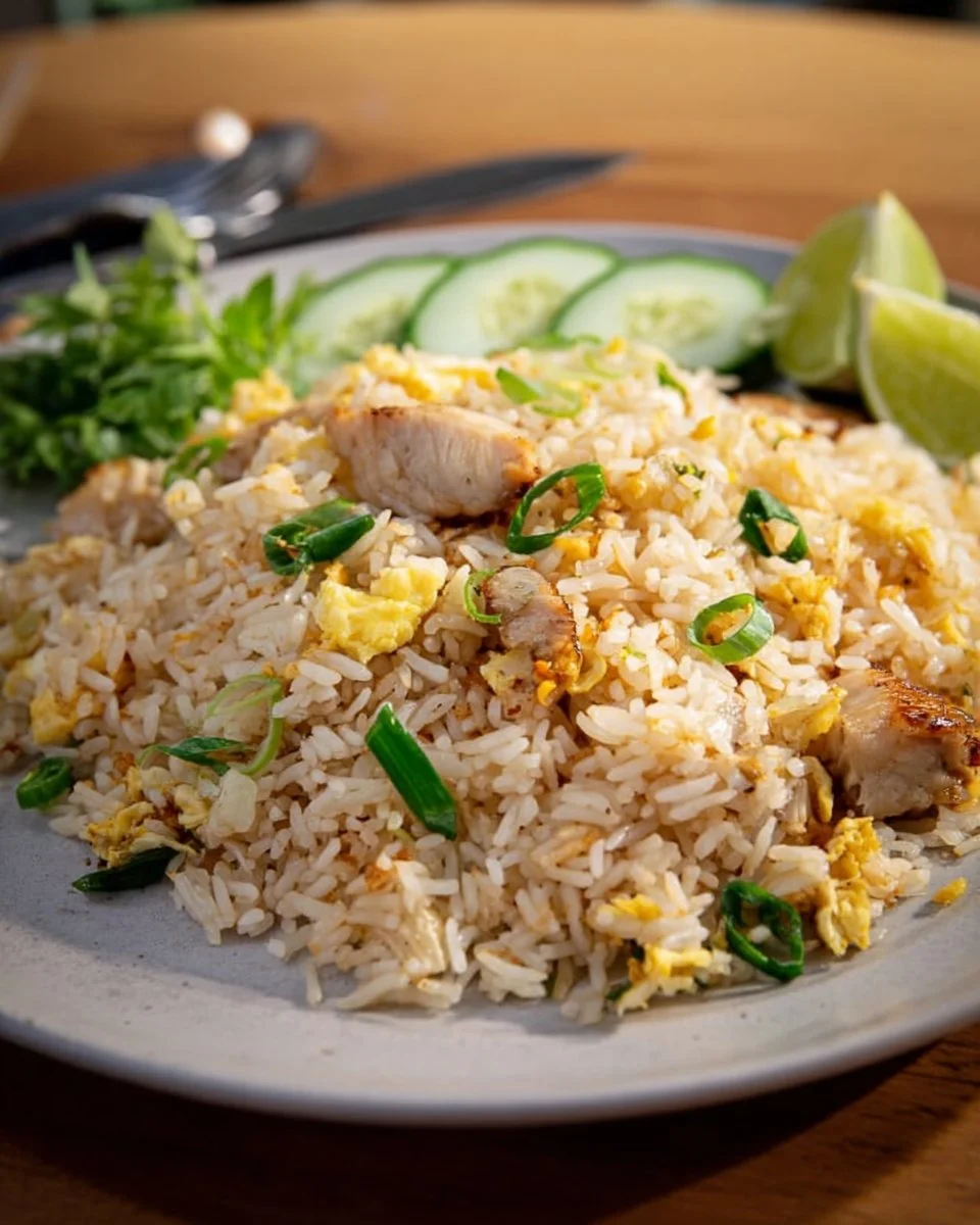 Plate of Thai Fried Rice made with leftover roast, garnished with fresh vegetables.