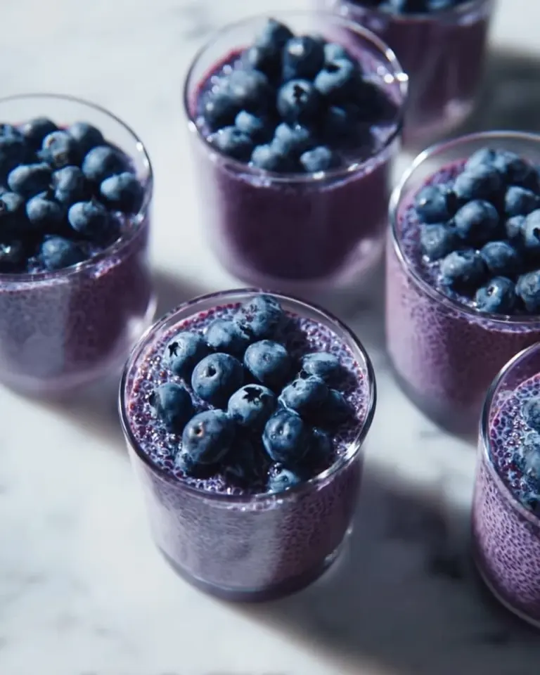 Blueberry chia seed pudding in a glass topped with fresh blueberries