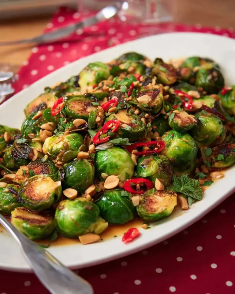 Brussels sprouts served with Thai dressing, showcasing a vibrant and healthy dish.