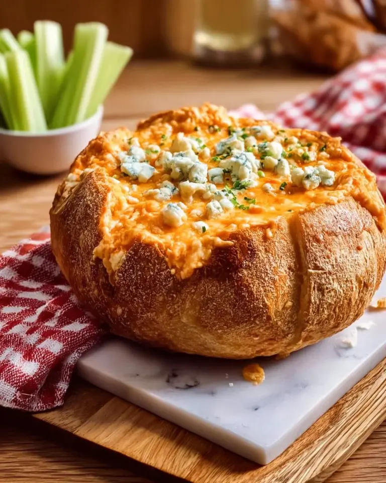 Buffalo Chicken Dip served in a crunchy bread bowl