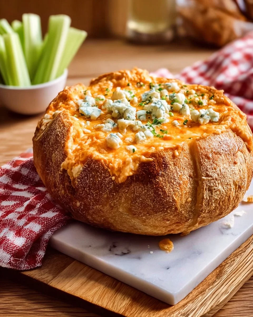 Buffalo Chicken Dip served in a crunchy bread bowl