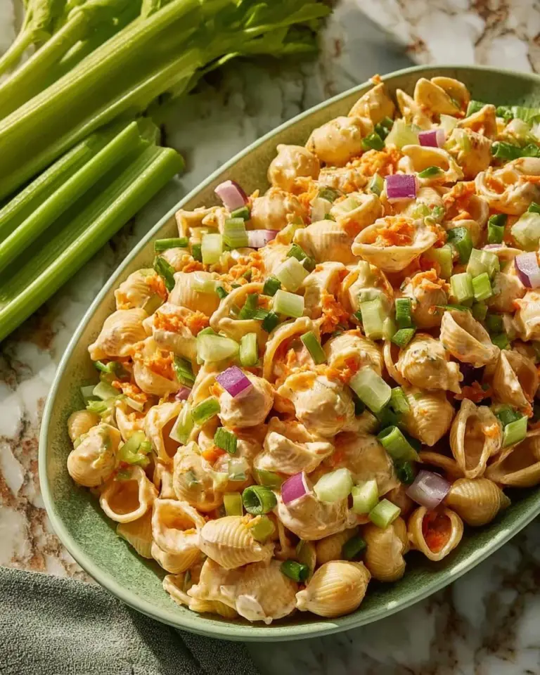 Buffalo Chicken Orecchiette Salad with fresh ingredients and spicy flavors