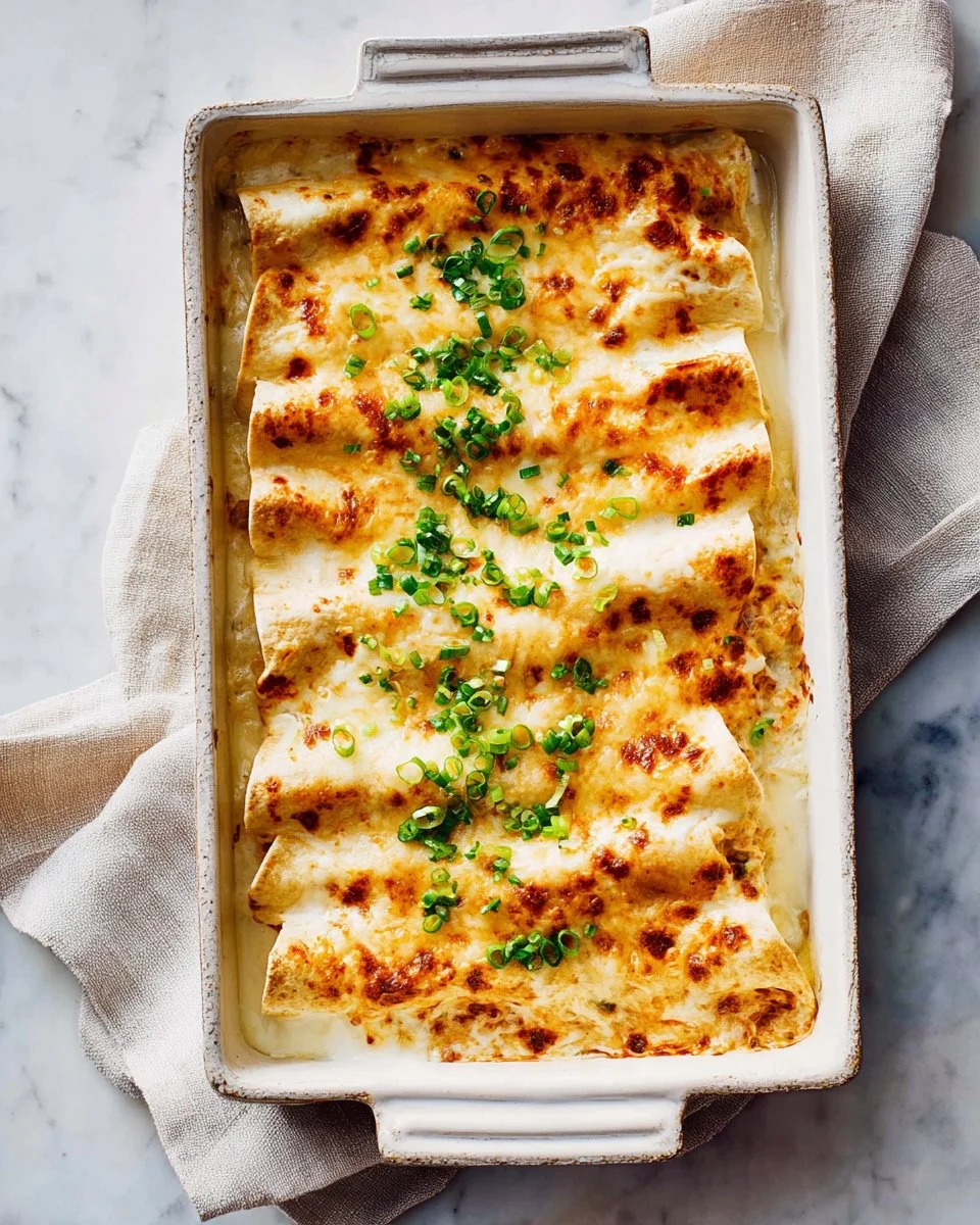 Cheesy chicken enchiladas with white sauce served on a plate