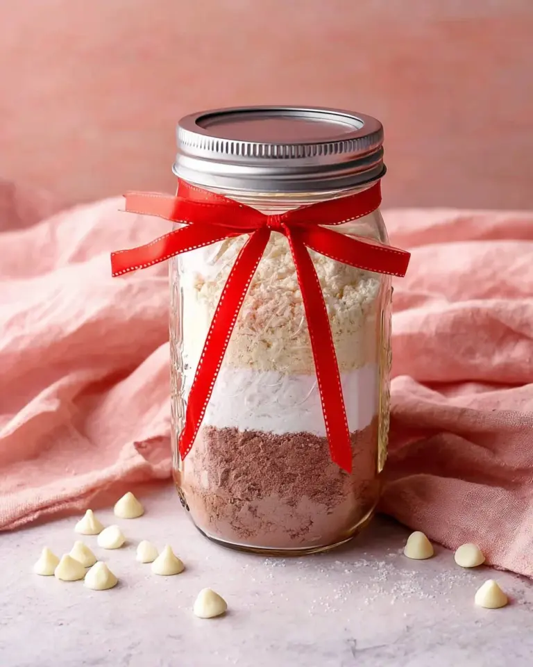 Chewy red velvet cookies in a jar with decorative ribbon