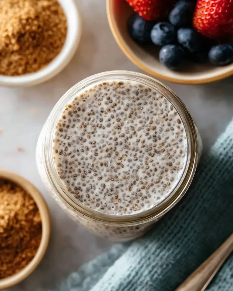 Delicious chia seed pudding topped with fruits and nuts in a glass bowl