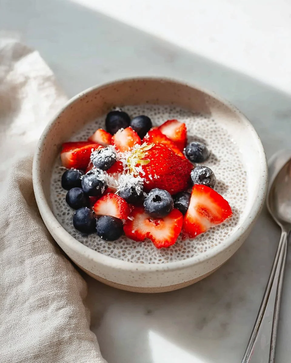 A bowl of chia seed pudding topped with fresh berries and nuts, showcasing a healthy snack.