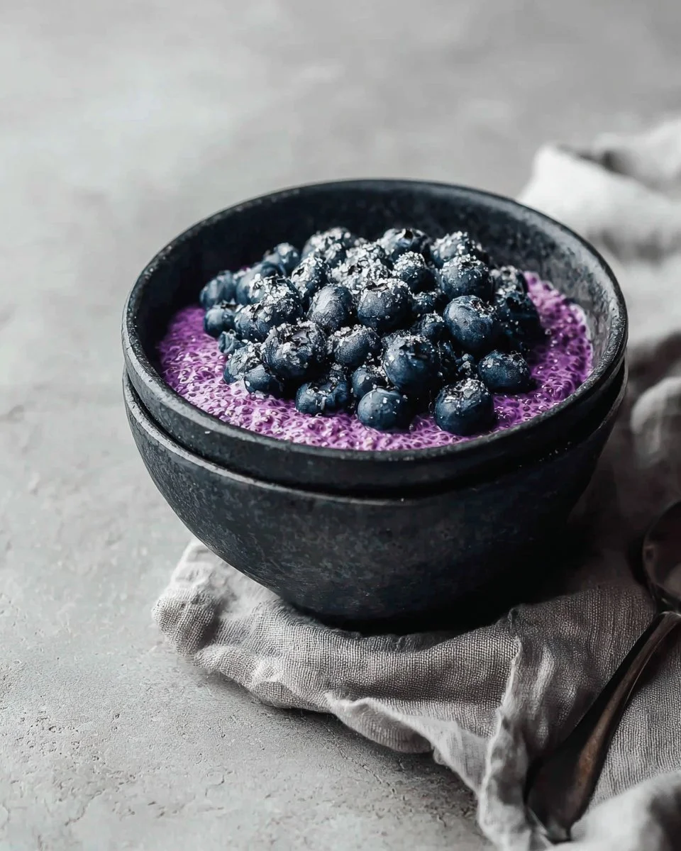 Chia seed pudding topped with fresh blueberries in a bowl.