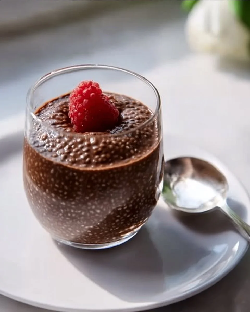 Bowl of rich Chocolate Chia Pudding topped with fruits and nuts