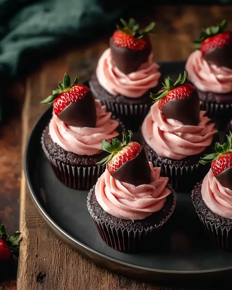 Delicious chocolate covered strawberry cupcakes with fresh strawberries on top