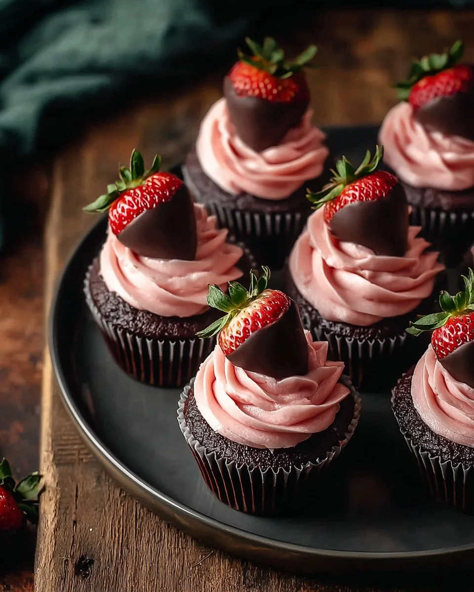 Delicious chocolate covered strawberry cupcakes with fresh strawberries on top