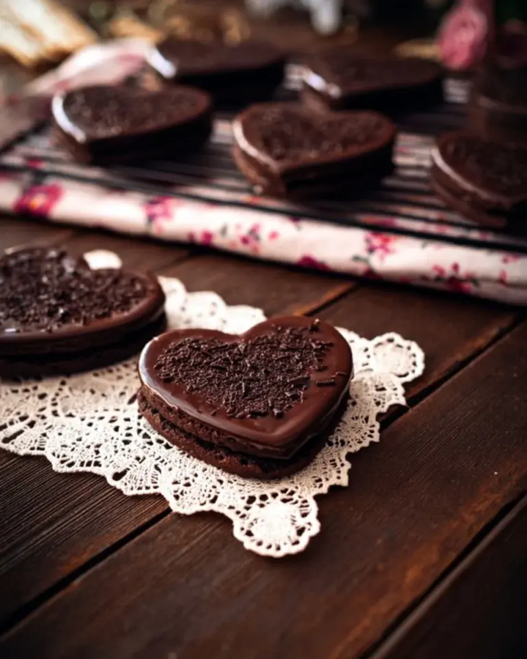 Chocolate fudge sandwich cookies stacked on a plate