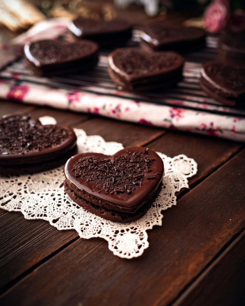 Chocolate fudge sandwich cookies stacked on a plate