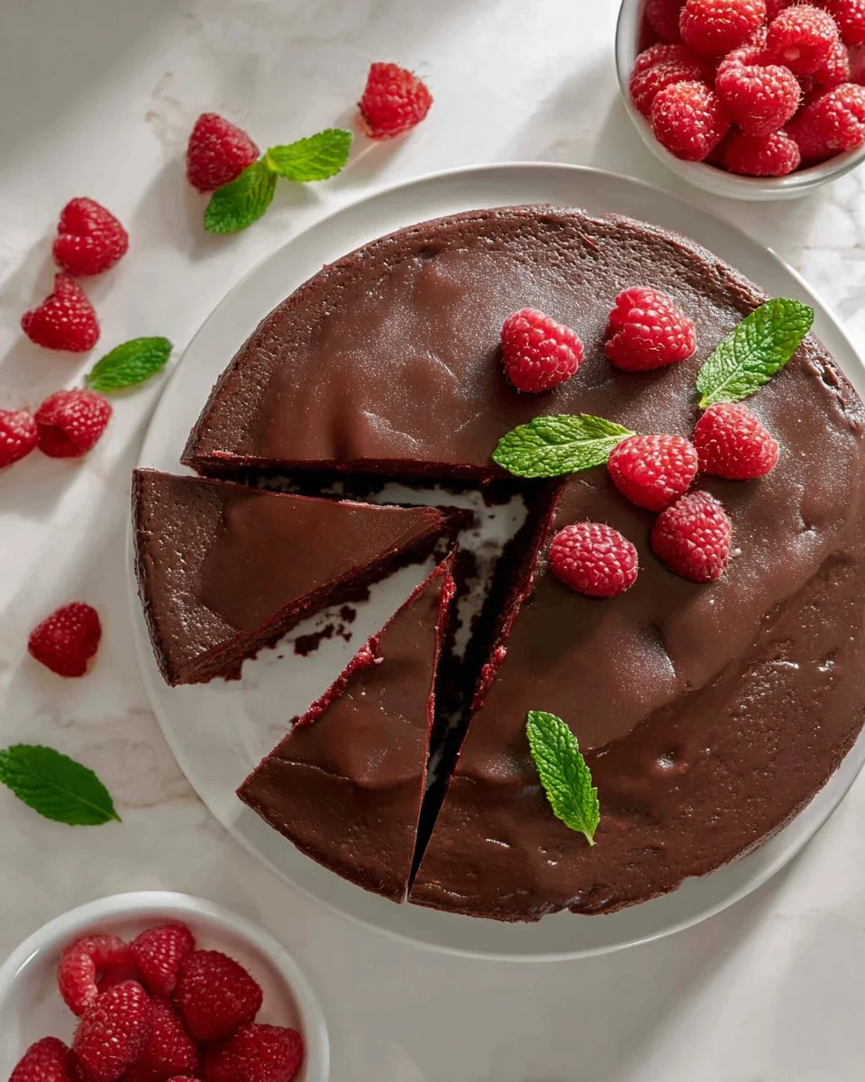 Delicious chocolate raspberry cheesecake with fresh raspberries on top