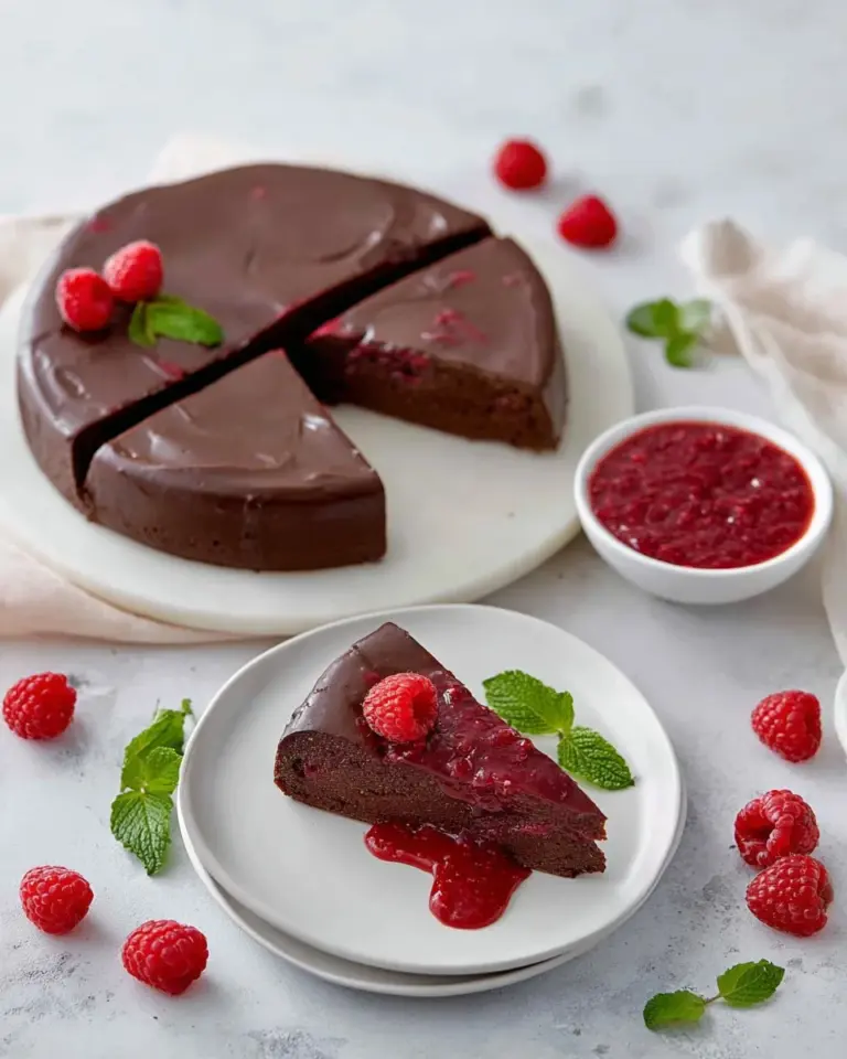 Delicious Chocolate Raspberry Cheesecake slice with chocolate drizzle and fresh raspberries.