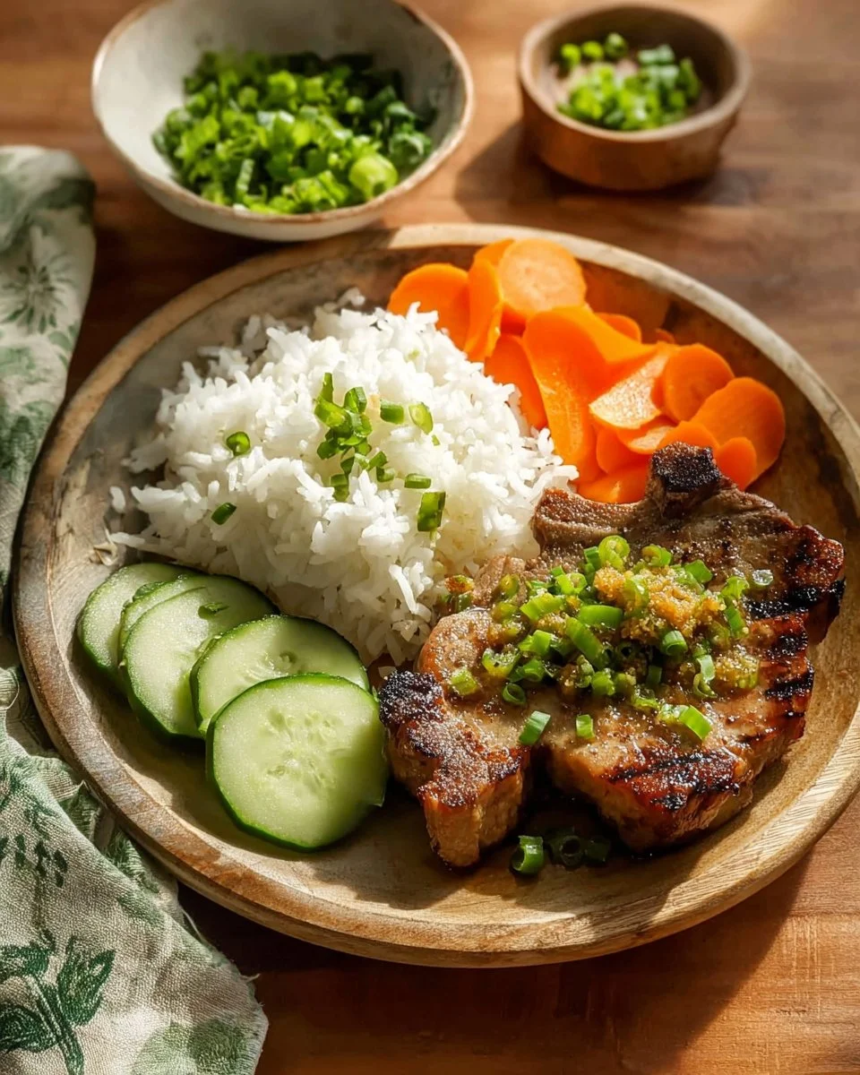 Plate of classic Vietnamese Pork Chops garnished with fresh herbs and vegetables.