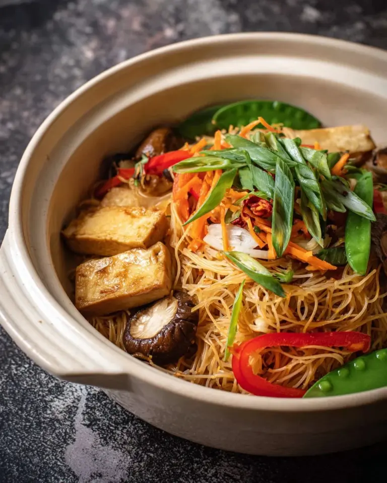 Vegan Claypot Glass Noodles dish with colorful vegetables and herbs