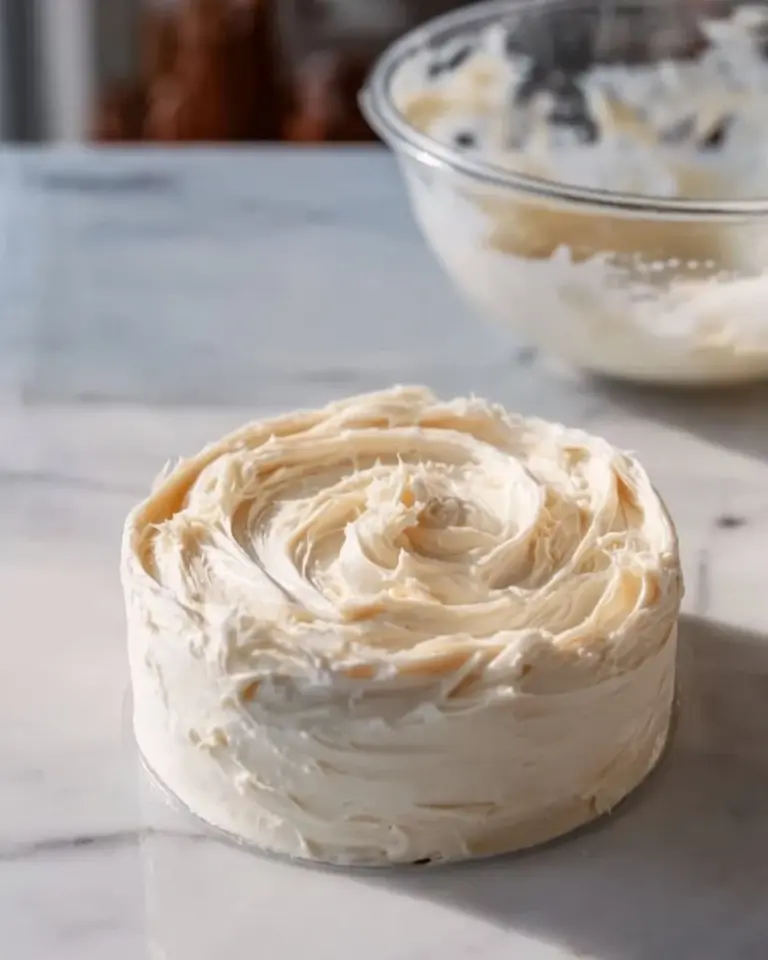Coconut Buttercream frosting on a freshly baked cake