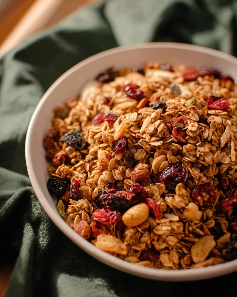 Bowl of Coconut Oat Granola with fresh coconut and oats for a healthy snack