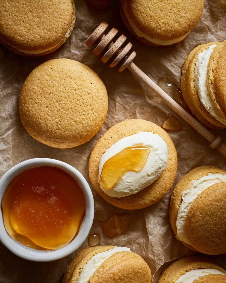 Delicious cornbread sandwich cookies stacked on a plate.