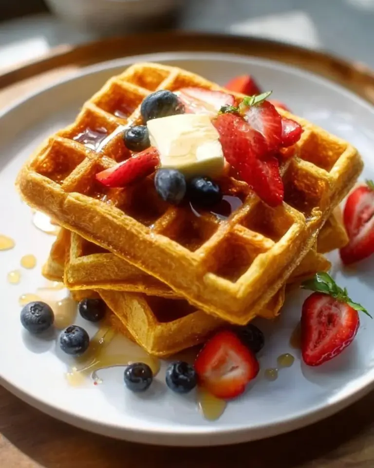 Golden cornbread waffles stacked on a plate with syrup