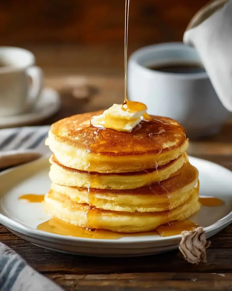 Stack of golden cornmeal pancakes topped with maple syrup and berries