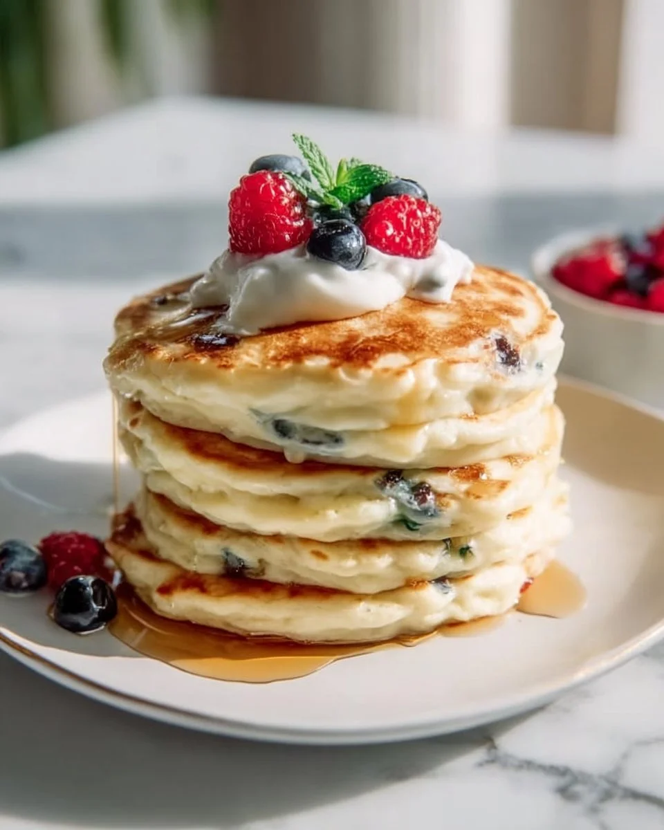 Fluffy cottage cheese pancakes stacked on a plate with syrup and fruit