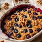 Cozy berry baked oatmeal topped with almonds in a warm bowl