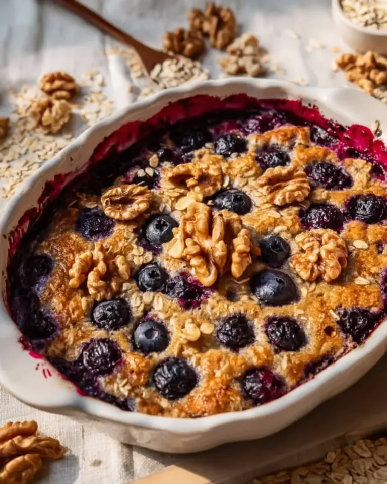 Cozy berry baked oatmeal topped with almonds in a warm bowl