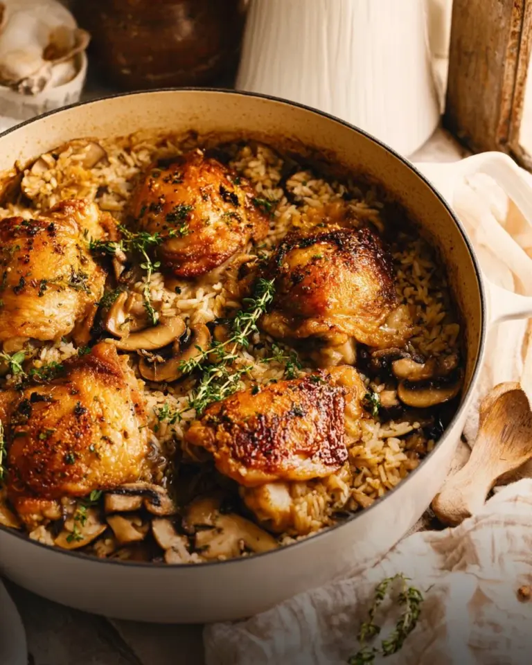 Delicious bowl of cozy chicken and rice with herbs and vegetables.
