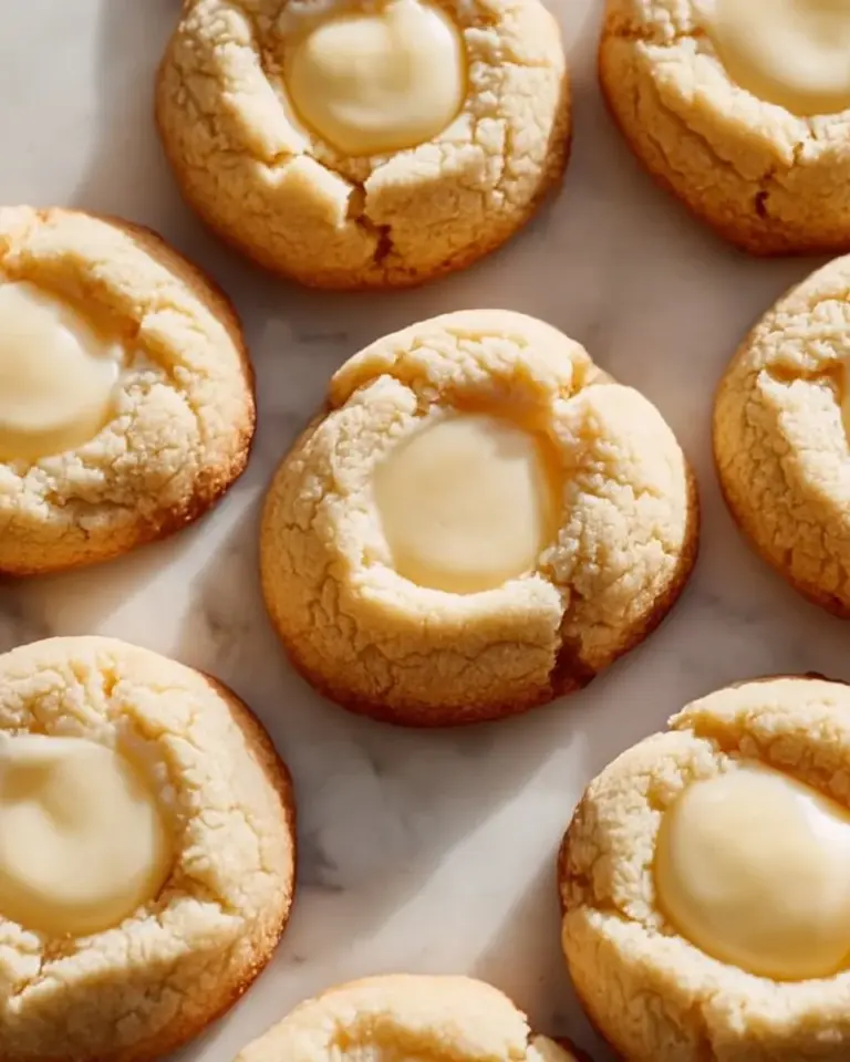 Homemade cream cheese thumbprint cookies with a jam filling on a cooling rack.