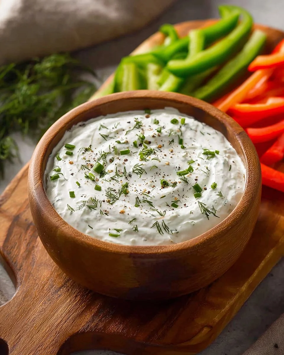 Bowl of creamy Greek yogurt dip with fresh herbs and vegetables