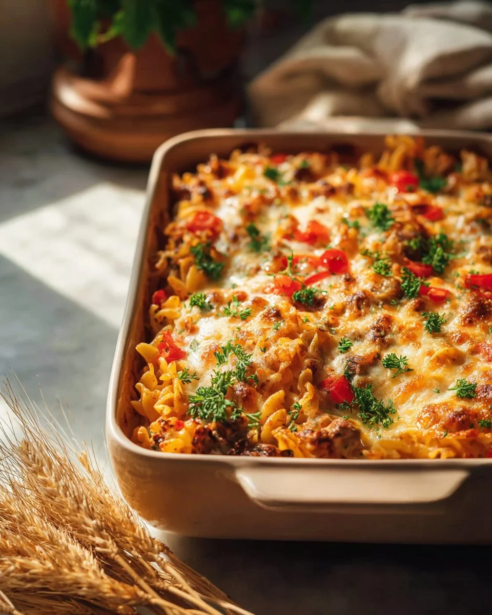 Creamy ramen noodle casserole served in a bowl with fresh herbs on top