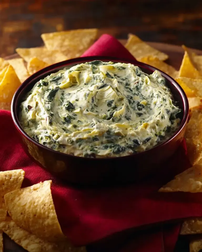 Creamy spinach and artichoke dip served in a bowl with fresh vegetables