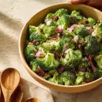 Crispy bacon broccoli salad with coleslaw dressing in a bowl.