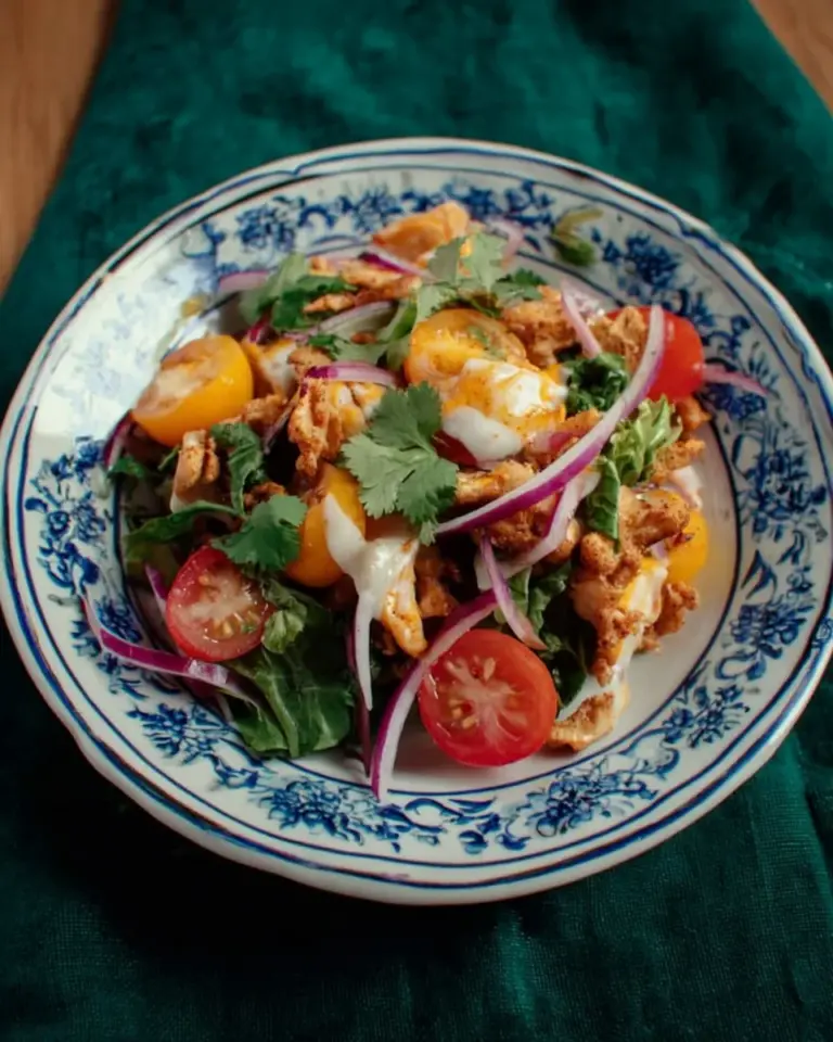 Crispy fried egg salad with greens and dressing, a delightful healthy dish
