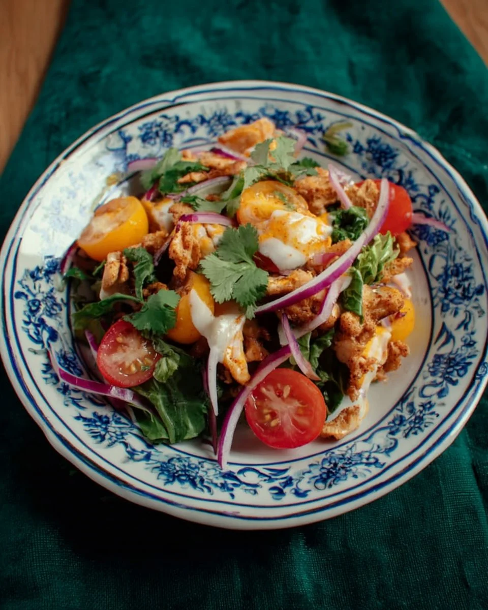 Crispy fried egg salad with greens and dressing, a delightful healthy dish