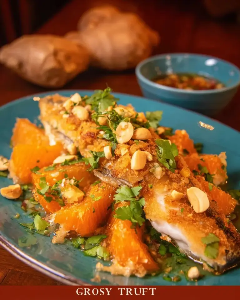 Plate of crispy garlic fish garnished with herbs and lemon slices
