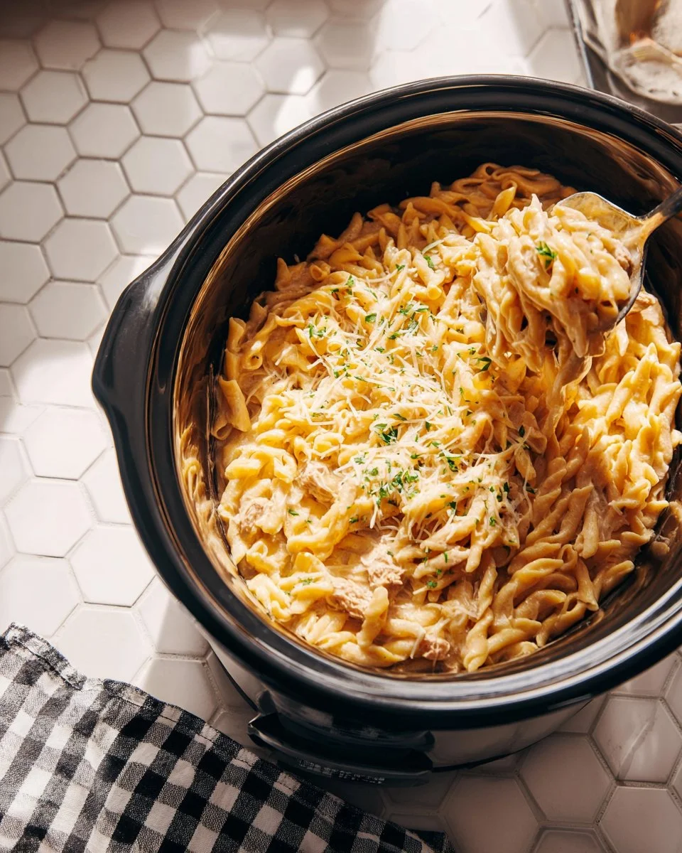 Delicious Crockpot Chicken Alfredo served in a bowl with parsley garnish