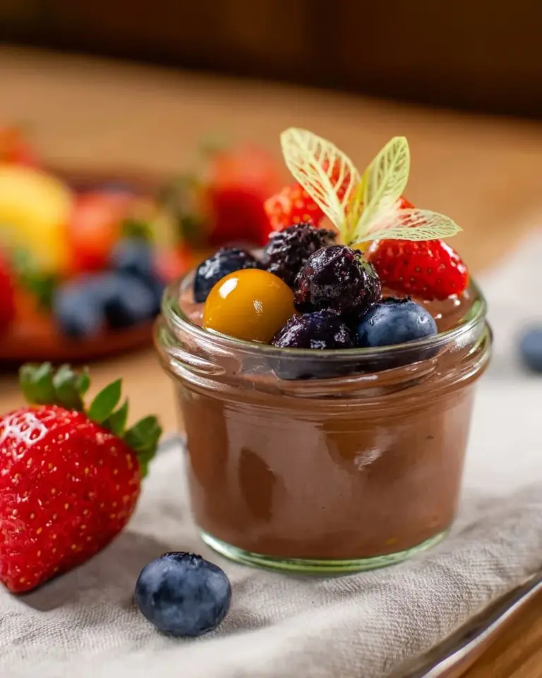 Delicious decadent tofu chocolate mousse garnished with cocoa powder and berries
