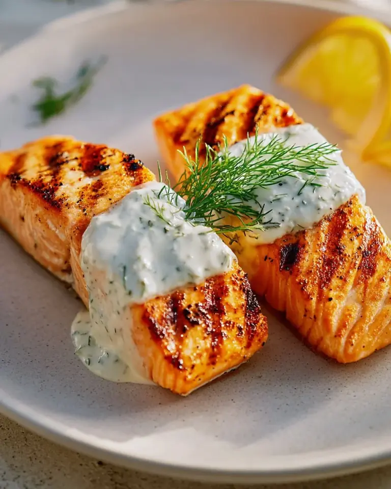 Delicious dill sauce served with succulent salmon fillet