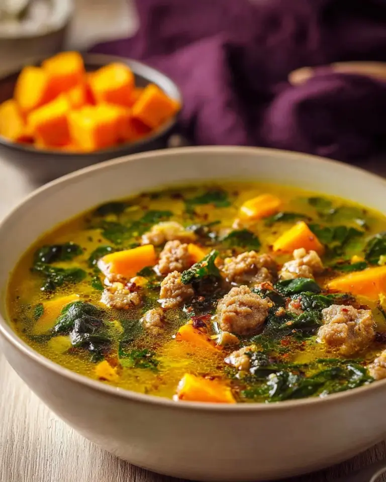 Healthy ground turkey and sweet potato soup in a bowl with fresh herbs