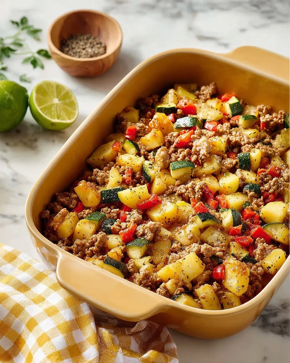 Delicious easy ground turkey hash served in a skillet with vegetables