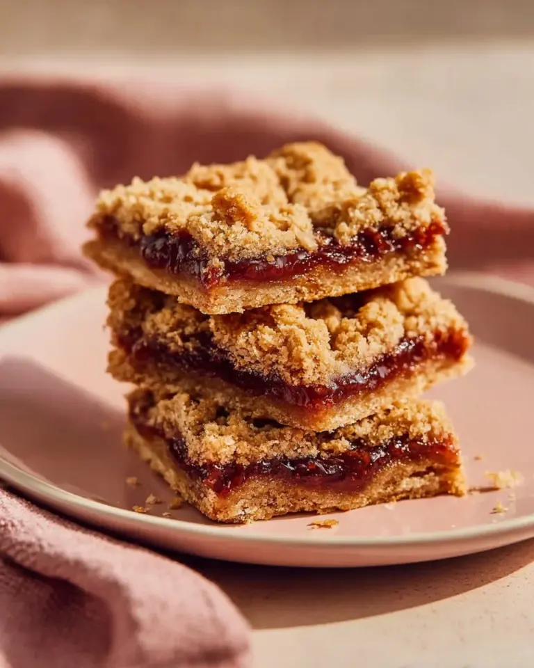 Delicious easy oatmeal bars with jam on a wooden table