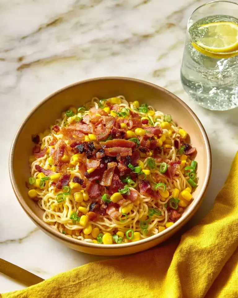 Plate of easy ramen carbonara topped with parmesan and parsley.