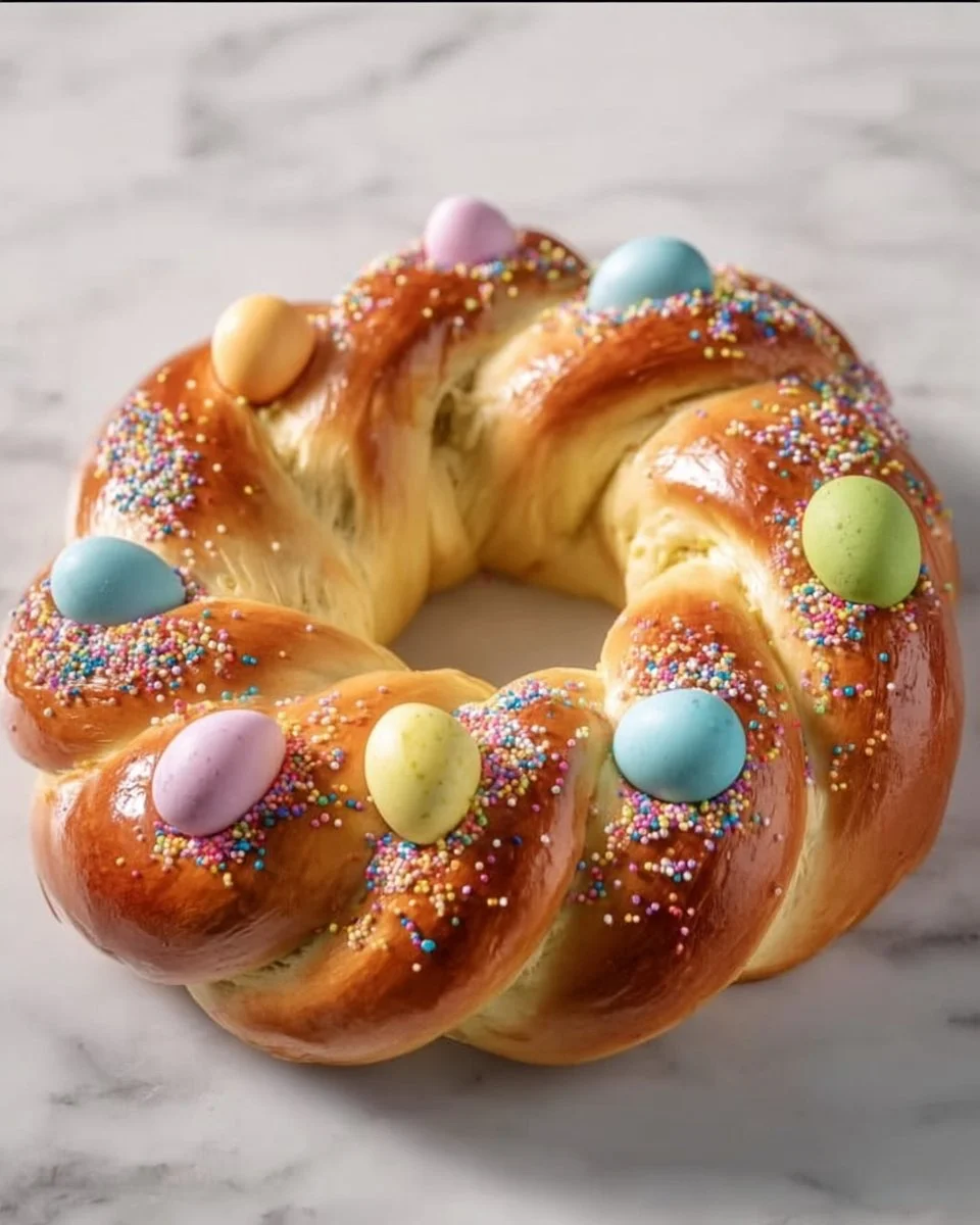 Loaf of Easy Sweet Italian Easter Bread decorated with colorful eggs