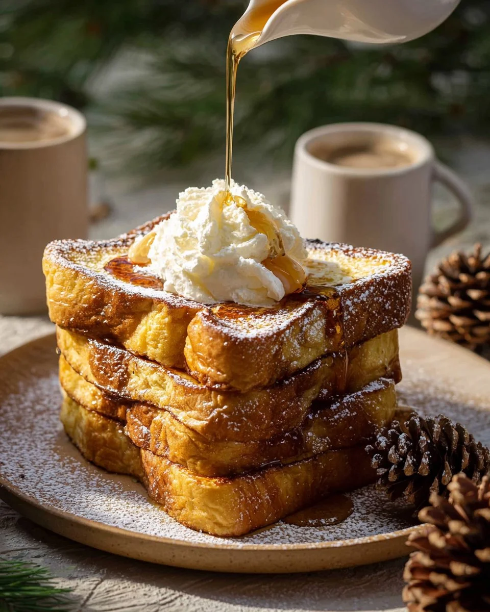 Delicious eggnog French toast topped with powdered sugar and cinnamon