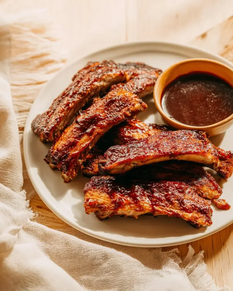 Oven-baked spare ribs served on a plate with BBQ sauce and garnish