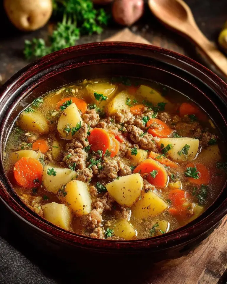 Delicious filling crockpot ground turkey soup in a bowl, garnished with herbs.