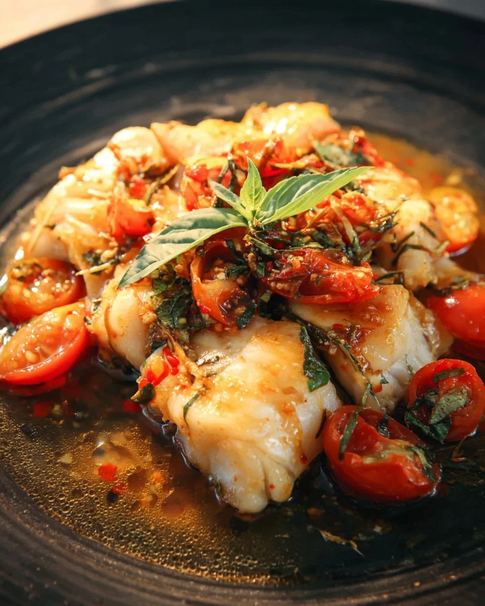 A colorful plate of Fish Stir-Fry with fresh herbs and vegetables.