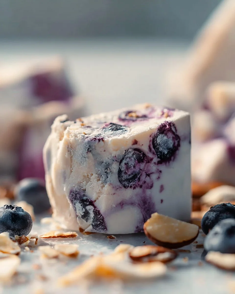 Delicious frozen blueberry yogurt bites in a bowl, perfect for snacking.